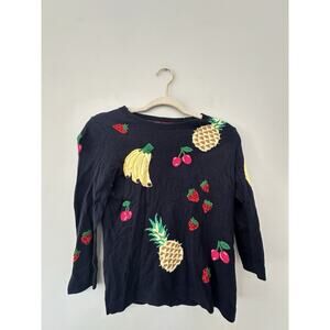 Talbots Navy Blue Fruit Banana Cherry Pineapple Knit Sweater Women Petite
